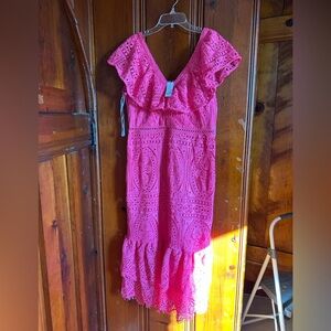 Bright pink lace wiggle midi dress